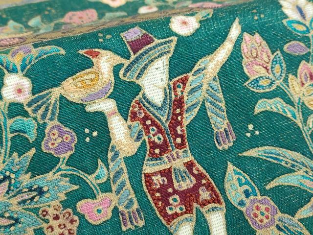平和屋着物●中国三大刺繍 相良刺繍 太鼓柄袋帯 紬地 鳥獣更紗花文 金彩 金通し地 正絹 逸品 DABB4449ps