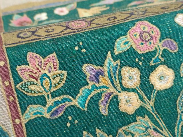 平和屋着物●中国三大刺繍 相良刺繍 太鼓柄袋帯 紬地 鳥獣更紗花文 金彩 金通し地 正絹 逸品 DABB4449ps