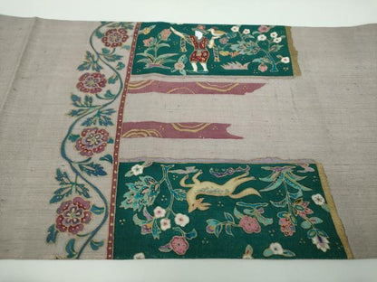 平和屋着物●中国三大刺繍 相良刺繍 太鼓柄袋帯 紬地 鳥獣更紗花文 金彩 金通し地 正絹 逸品 DABB4449ps