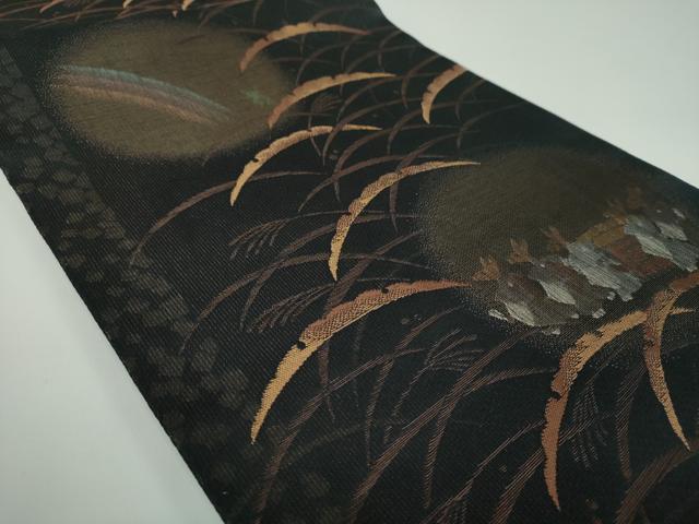 平和屋着物●六通柄袋帯 透かし窓 狐 蛙 虹 黒地 金糸 正絹 逸品 DABB4469ps