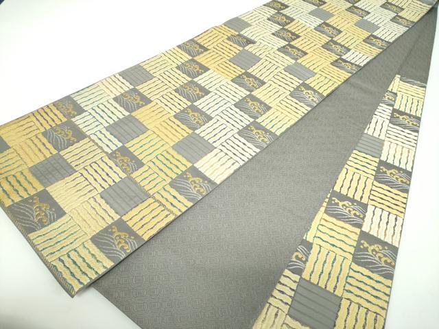 平和屋着物●両面 六通柄袋帯 唐織 市松立波文 金銀糸 正絹 逸品 DABB4471ps