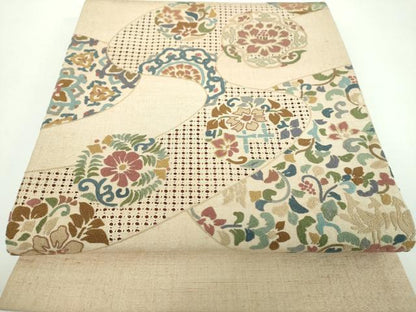 平和屋着物●極上 中国三大刺繍 スワトウ相良刺繍 汕頭相良刺繍 総刺繍 太鼓柄袋帯 紬地 正倉院花文 銀通し地 正絹 逸品 DABB4473ps