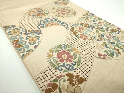 平和屋着物●極上 中国三大刺繍 スワトウ相良刺繍 汕頭相良刺繍 総刺繍 太鼓柄袋帯 紬地 正倉院花文 銀通し地 正絹 逸品 DABB4473ps