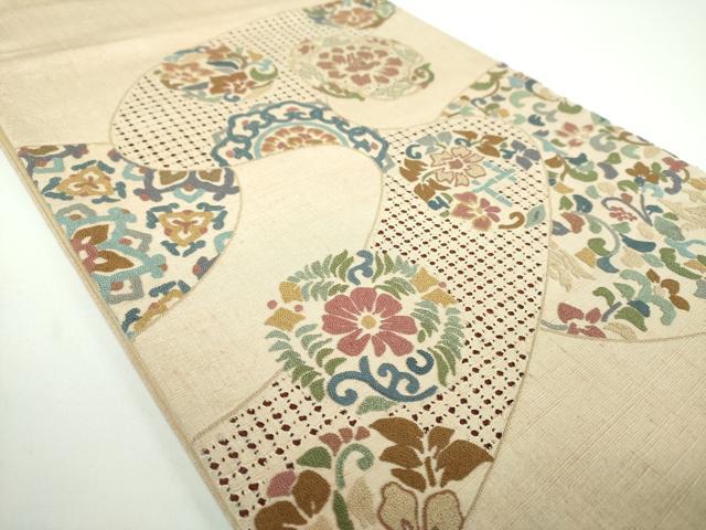 平和屋着物●極上 中国三大刺繍 スワトウ相良刺繍 汕頭相良刺繍 総刺繍 太鼓柄袋帯 紬地 正倉院花文 銀通し地 正絹 逸品 DABB4473ps