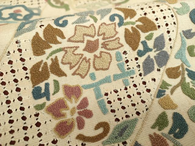 平和屋着物●極上 中国三大刺繍 スワトウ相良刺繍 汕頭相良刺繍 総刺繍 太鼓柄袋帯 紬地 正倉院花文 銀通し地 正絹 逸品 DABB4473ps