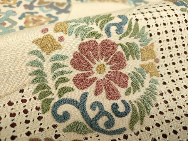 平和屋着物●極上 中国三大刺繍 スワトウ相良刺繍 汕頭相良刺繍 総刺繍 太鼓柄袋帯 紬地 正倉院花文 銀通し地 正絹 逸品 DABB4473ps