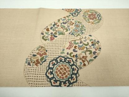 平和屋着物●極上 中国三大刺繍 スワトウ相良刺繍 汕頭相良刺繍 総刺繍 太鼓柄袋帯 紬地 正倉院花文 銀通し地 正絹 逸品 DABB4473ps
