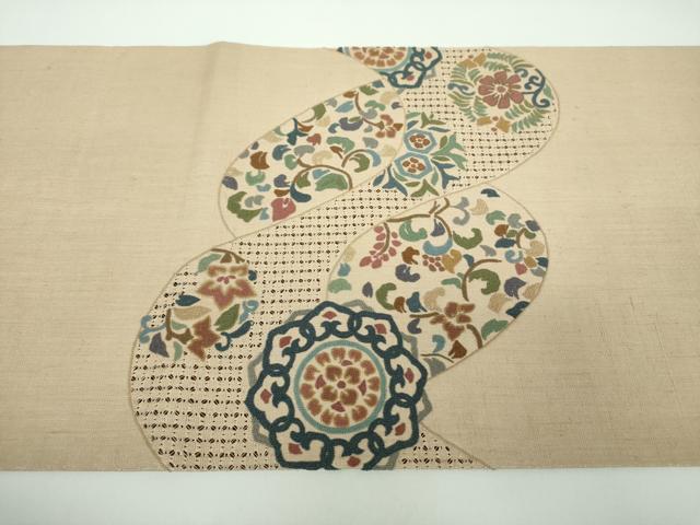 平和屋着物●極上 中国三大刺繍 スワトウ相良刺繍 汕頭相良刺繍 総刺繍 太鼓柄袋帯 紬地 正倉院花文 銀通し地 正絹 逸品 DABB4473ps