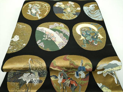 平和屋着物●螺鈿作家　藤本隆士　雲母塾　袋帯　琳派名扇集　黒地　本金箔　正絹　逸品　DABB4504ps