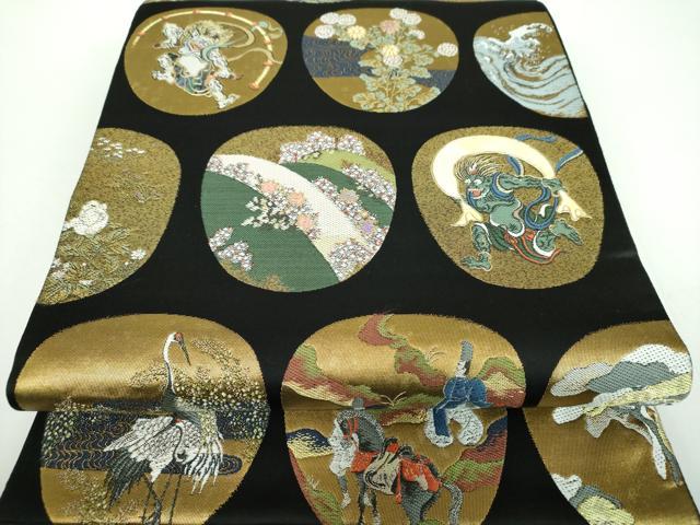 平和屋着物●螺鈿作家　藤本隆士　雲母塾　袋帯　琳派名扇集　黒地　本金箔　正絹　逸品　DABB4504ps