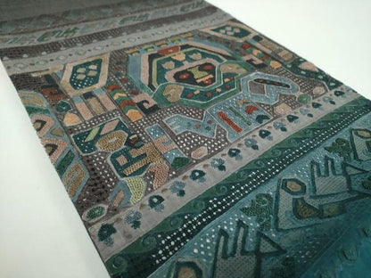 平和屋着物●中国三大刺繍 スワトウ相良刺繍 汕頭相良刺繍 総刺繍 太鼓柄袋帯 紬地 絽刺し コプト文様 正絹 逸品 DABB4509ps