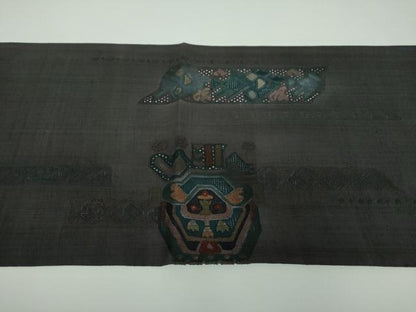 平和屋着物●中国三大刺繍 スワトウ相良刺繍 汕頭相良刺繍 総刺繍 太鼓柄袋帯 紬地 絽刺し コプト文様 正絹 逸品 DABB4509ps