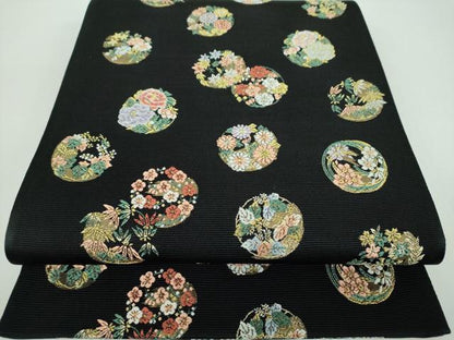 平和屋着物●西陣の老舗　1782年創業　山下織物　六通柄袋帯　唐織　吉祥花丸文　黒地　金糸　正絹　逸品　未使用　DABB4512ps