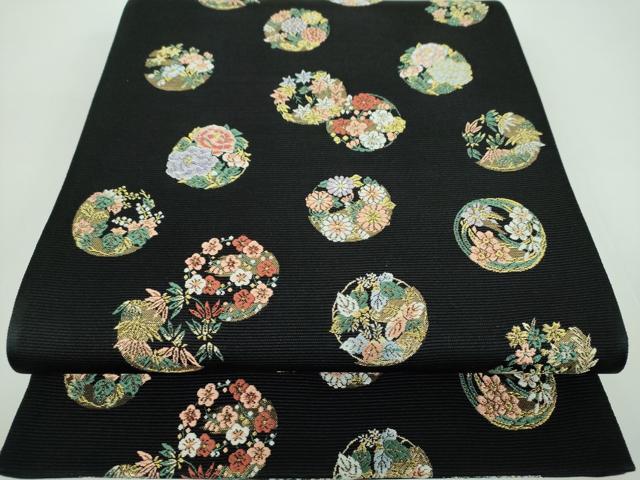 平和屋着物●西陣の老舗　1782年創業　山下織物　六通柄袋帯　唐織　吉祥花丸文　黒地　金糸　正絹　逸品　未使用　DABB4512ps