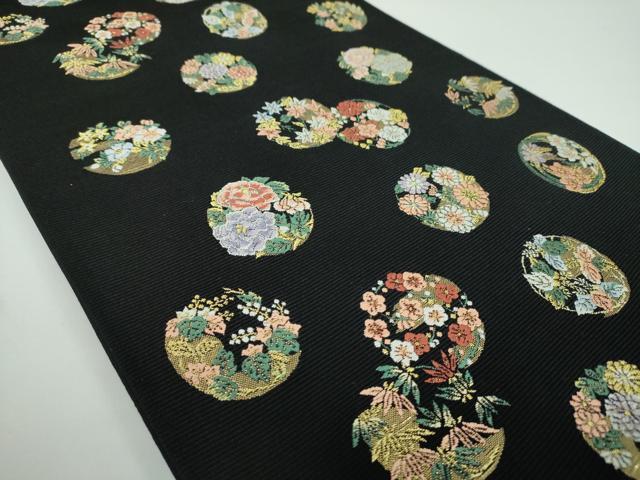 平和屋着物●西陣の老舗　1782年創業　山下織物　六通柄袋帯　唐織　吉祥花丸文　黒地　金糸　正絹　逸品　未使用　DABB4512ps