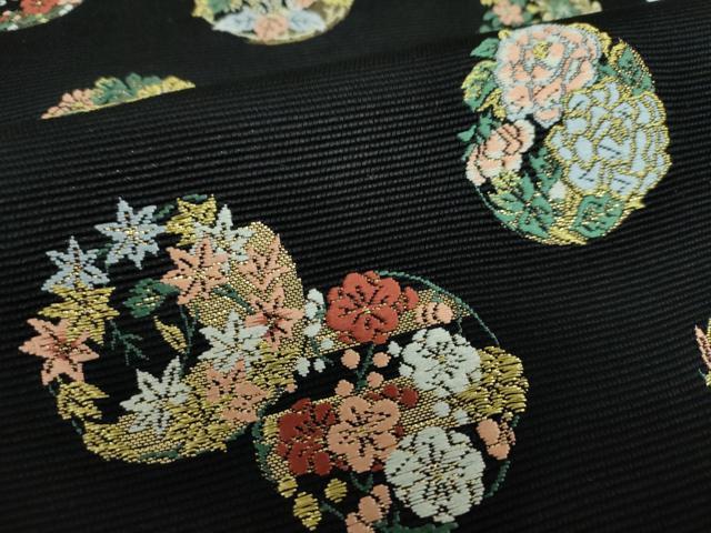 平和屋着物●西陣の老舗　1782年創業　山下織物　六通柄袋帯　唐織　吉祥花丸文　黒地　金糸　正絹　逸品　未使用　DABB4512ps