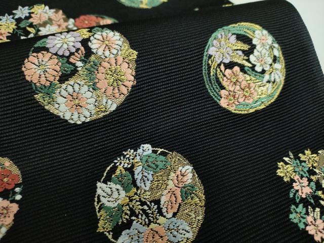 平和屋着物●西陣の老舗　1782年創業　山下織物　六通柄袋帯　唐織　吉祥花丸文　黒地　金糸　正絹　逸品　未使用　DABB4512ps