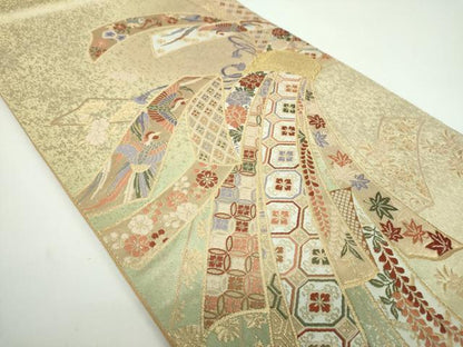 平和屋着物●世界的友禅作家 千地泰弘 六通柄袋帯 唐織 千地天女 束ね熨斗宝尽くし飛鶴花文 金糸 引箔 正絹 逸品 DABB4520ps