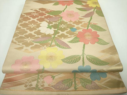 平和屋着物●織物一筋名門 織悦 全通柄 本袋帯 松皮菱 枝垂れ花 金糸 正絹 逸品 DABB4535ps