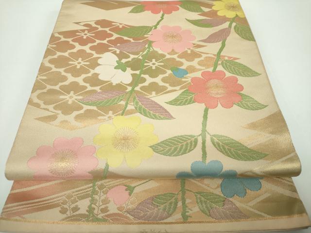 平和屋着物●織物一筋名門 織悦 全通柄 本袋帯 松皮菱 枝垂れ花 金糸 正絹 逸品 DABB4535ps
