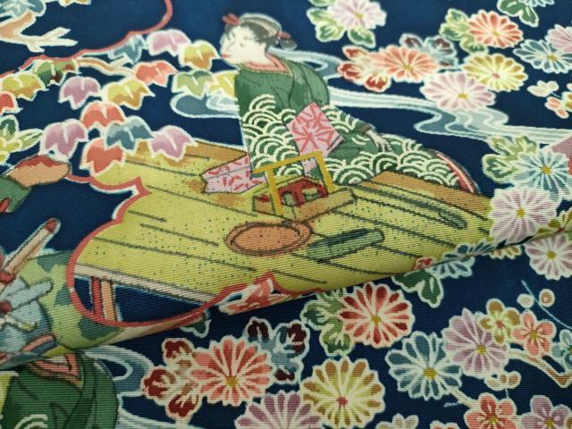 平和屋着物●初代 染人・山岡古都　首里琉染　双方向　両面全通柄袋帯　雲取り人物花文　正絹　逸品　DABB4537ps