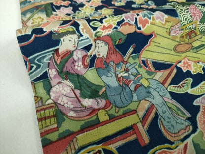 平和屋着物●初代 染人・山岡古都　首里琉染　双方向　両面全通柄袋帯　雲取り人物花文　正絹　逸品　DABB4537ps