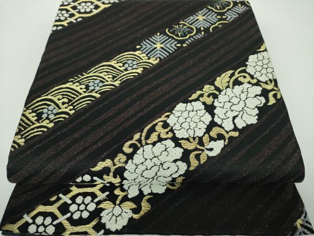 平和屋着物●六通柄袋帯 吉祥花文 黒地 金銀糸 正絹 逸品 DABB4538ps