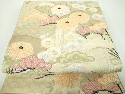 平和屋着物●現代アンティーク 貝島はるみ 綺麗伝説 六通柄袋帯 唐織 扇面花文 金糸 正絹 逸品 DABB4544ps