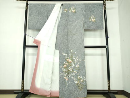 平和屋着物●訪問着　草花文　たたき染め　金彩　正絹　逸品　DABB4551ps
