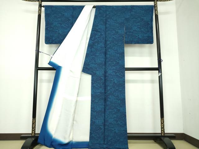 平和屋着物●本藍　型絵染　小紋　松竹梅　扇面飛鶴花文　正絹　逸品　未使用　DABB4588ps