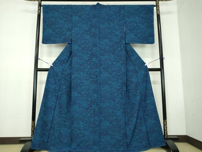 平和屋着物●本藍　型絵染　小紋　松竹梅　扇面飛鶴花文　正絹　逸品　未使用　DABB4588ps