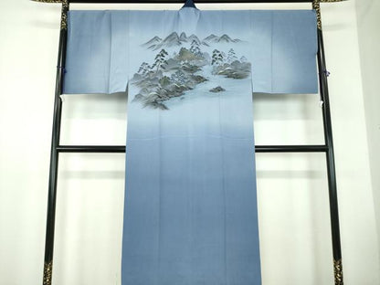 平和屋着物●男性 長襦袢 袷 キングサイズ 手描き 風景文 暈し染め 金彩 正絹 逸品 DABB4604ps
