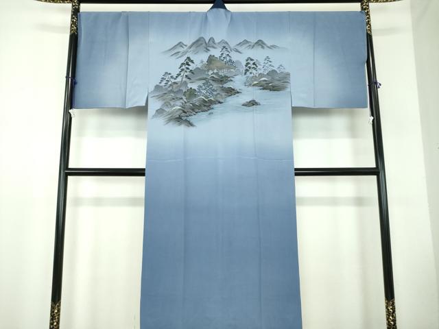 平和屋着物●男性 長襦袢 袷 キングサイズ 手描き 風景文 暈し染め 金彩 正絹 逸品 DABB4604ps