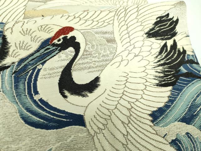 平和屋着物●アンティーク 大正ロマン 丸帯 引き抜き帯 唐織 立波に群れ鶴 金銀糸 正絹 逸品 DABB4609ps
