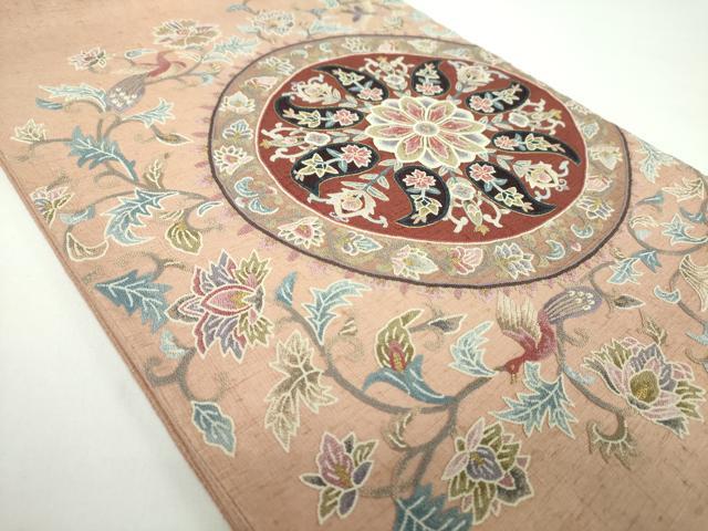 平和屋着物●極上　中国三大刺繍　総相良刺繍　蘇州刺繍　総刺繍　太鼓柄袋帯　紬地　更紗花鳥文　金糸　正絹　逸品　未使用　DABB4610ps