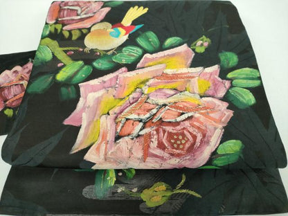 平和屋着物●アンティーク 大正ロマン 九寸名古屋帯 手刺繍 手描き 休み鳥 草花文 黒地 金銀糸 正絹 逸品 DABB4648ps