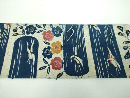 平和屋着物●浦野理一 型染 経節紬 九寸名古屋帯 飛鶴花文 正絹 逸品 DABB4652ps