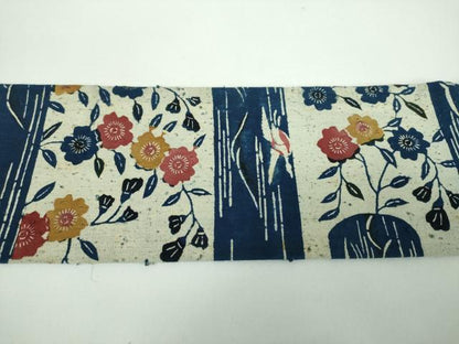 平和屋着物●浦野理一 型染 経節紬 九寸名古屋帯 飛鶴花文 正絹 逸品 DABB4652ps