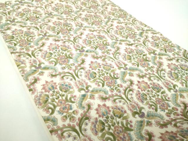 平和屋着物●塩瀬　九寸開き名古屋帯　更紗花文　金彩　正絹　逸品　DABB4653ps