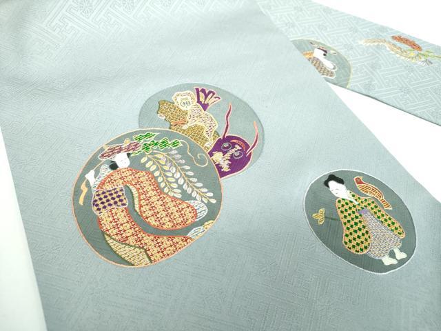 平和屋着物●京縫　月聖子　九寸名古屋帯　総刺繍　瓢箪鯰　舞　人物　金彩　正絹　逸品　未使用　DABB4654ps