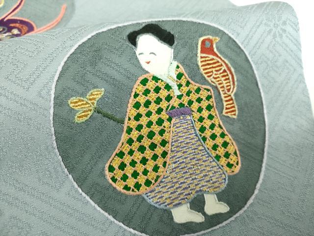 平和屋着物●京縫　月聖子　九寸名古屋帯　総刺繍　瓢箪鯰　舞　人物　金彩　正絹　逸品　未使用　DABB4654ps