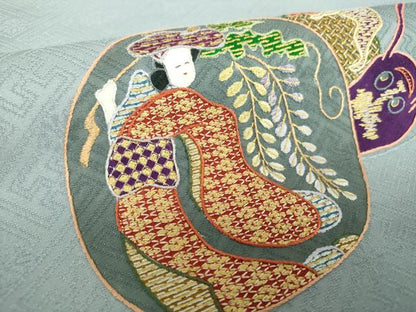 平和屋着物●京縫　月聖子　九寸名古屋帯　総刺繍　瓢箪鯰　舞　人物　金彩　正絹　逸品　未使用　DABB4654ps