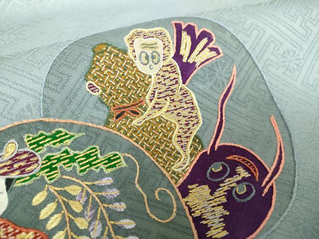 平和屋着物●京縫　月聖子　九寸名古屋帯　総刺繍　瓢箪鯰　舞　人物　金彩　正絹　逸品　未使用　DABB4654ps