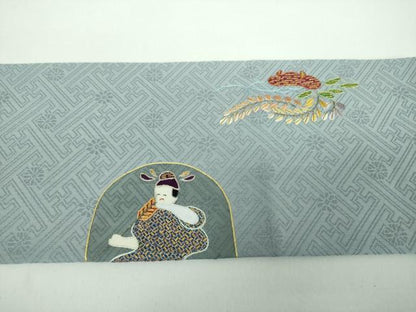 平和屋着物●京縫　月聖子　九寸名古屋帯　総刺繍　瓢箪鯰　舞　人物　金彩　正絹　逸品　未使用　DABB4654ps
