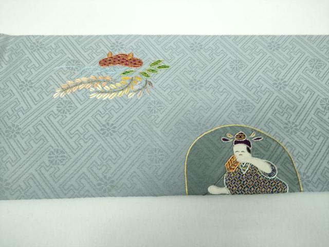 平和屋着物●京縫　月聖子　九寸名古屋帯　総刺繍　瓢箪鯰　舞　人物　金彩　正絹　逸品　未使用　DABB4654ps