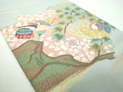 平和屋着物●爪掻き本綴れ 八寸名古屋帯 鴛鴦花文 金銀糸 正絹 逸品 DABB4655ps