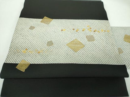 平和屋着物●塩瀬　九寸名古屋帯　鹿の子箔散らし　黒地　金彩　正絹　逸品　未使用　DABB4657ps