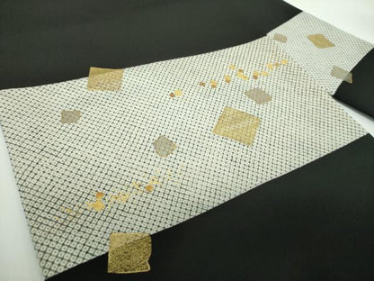 平和屋着物●塩瀬　九寸名古屋帯　鹿の子箔散らし　黒地　金彩　正絹　逸品　未使用　DABB4657ps