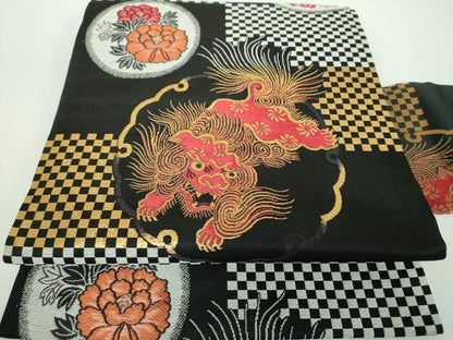 平和屋着物●アンティーク 大正ロマン 九寸名古屋帯 唐織 唐獅子に牡丹 黒地 金銀糸 正絹 逸品 DABB4660ps