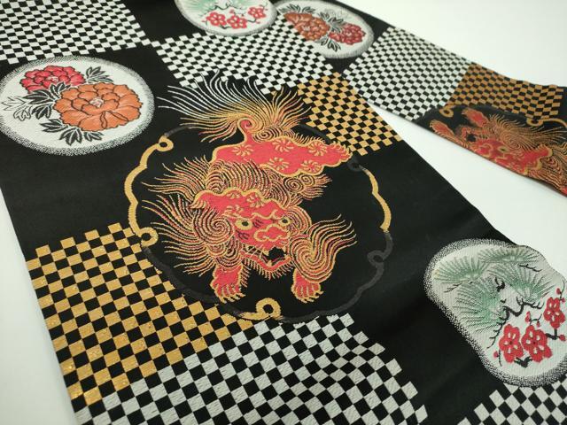 平和屋着物●アンティーク 大正ロマン 九寸名古屋帯 唐織 唐獅子に牡丹 黒地 金銀糸 正絹 逸品 DABB4660ps